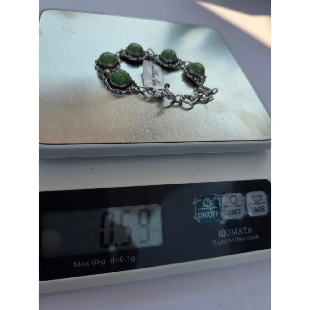 Green Turquoise Silver Tone Floral Link Bracelet Adjustable Toggle Clasp 8.75in